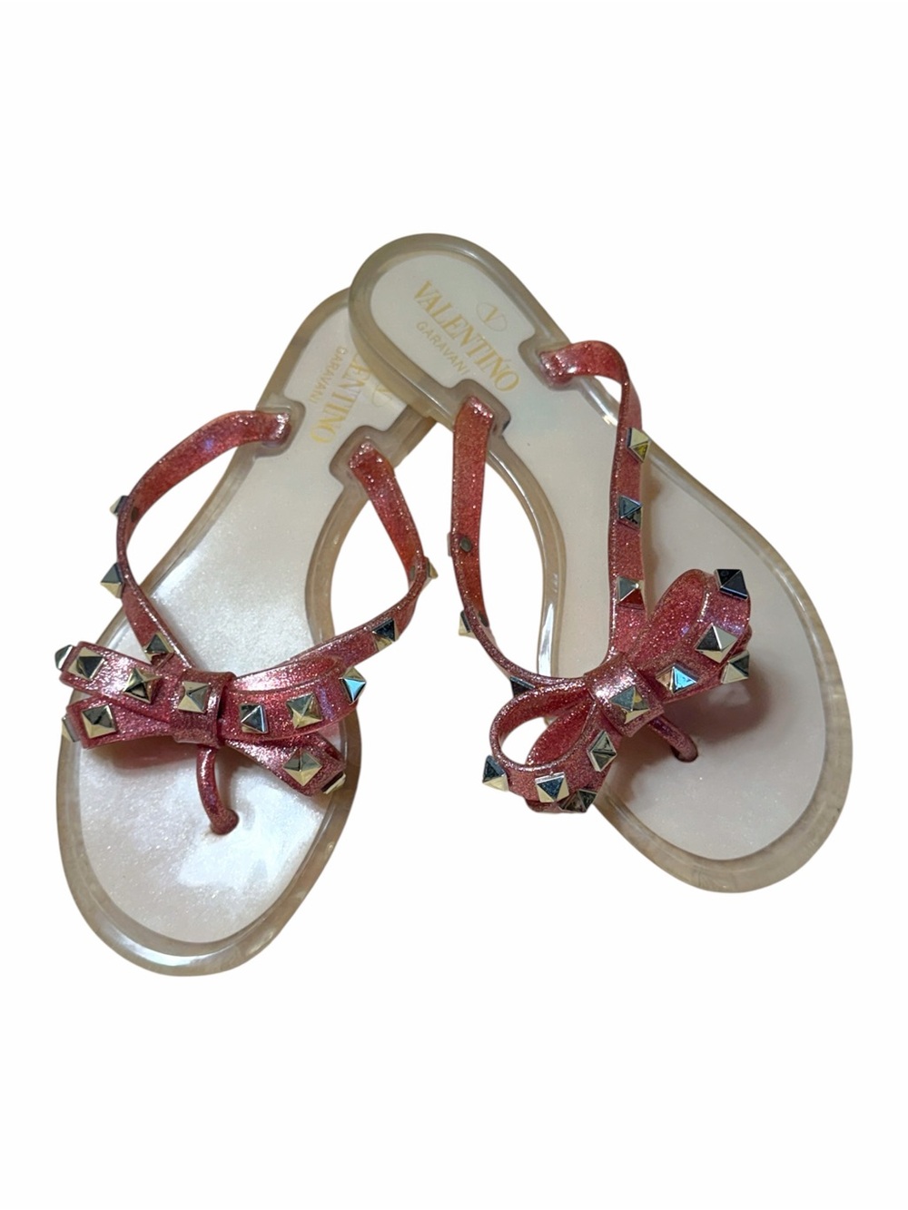 Valentino Garavani Pink Glitter Rockstud Jelly Thong Sandals EU 36